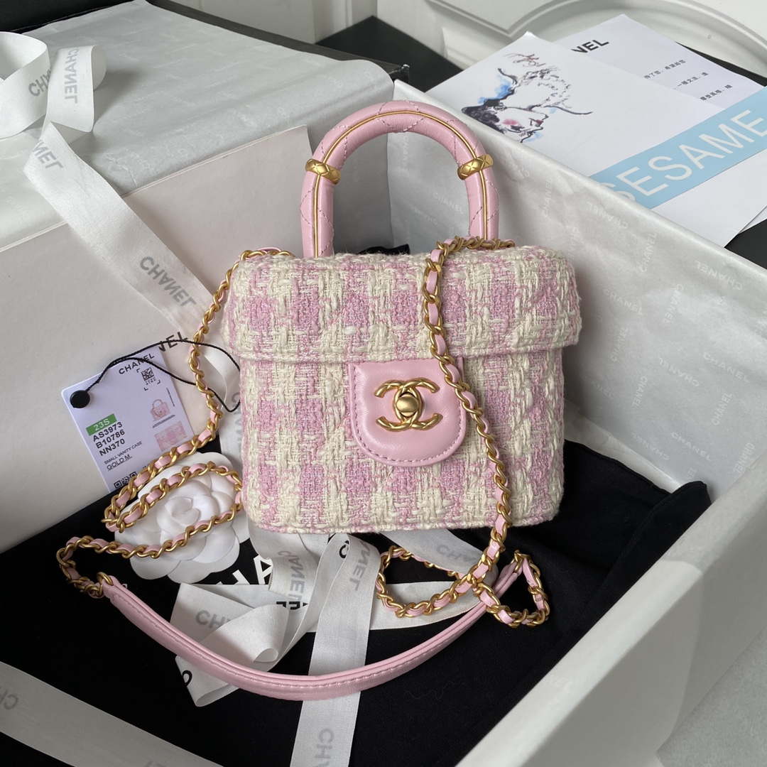 Chanel AS3973 Small Vanity Case Tweed Lambskin & Gold Metal Pink & Ecru - Default Title - View 1