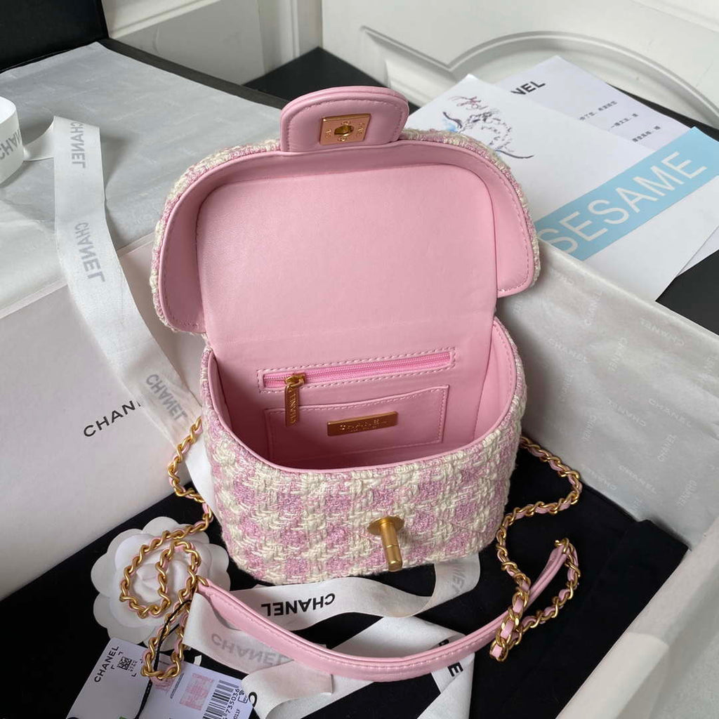 Chanel AS3973 Small Vanity Case Tweed Lambskin & Gold Metal Pink & Ecru