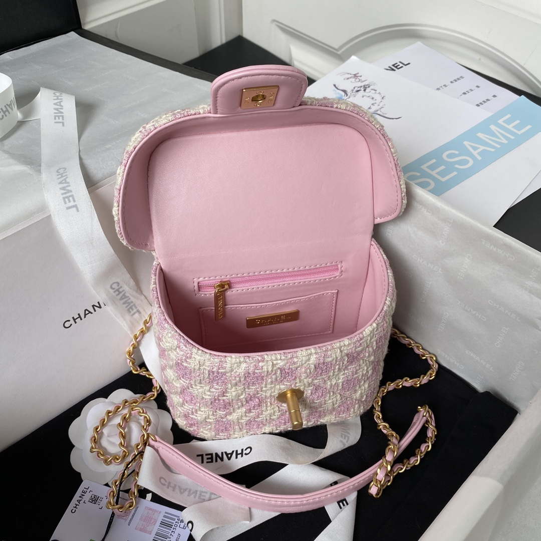 Chanel AS3973 Small Vanity Case Tweed Lambskin & Gold Metal Pink & Ecru