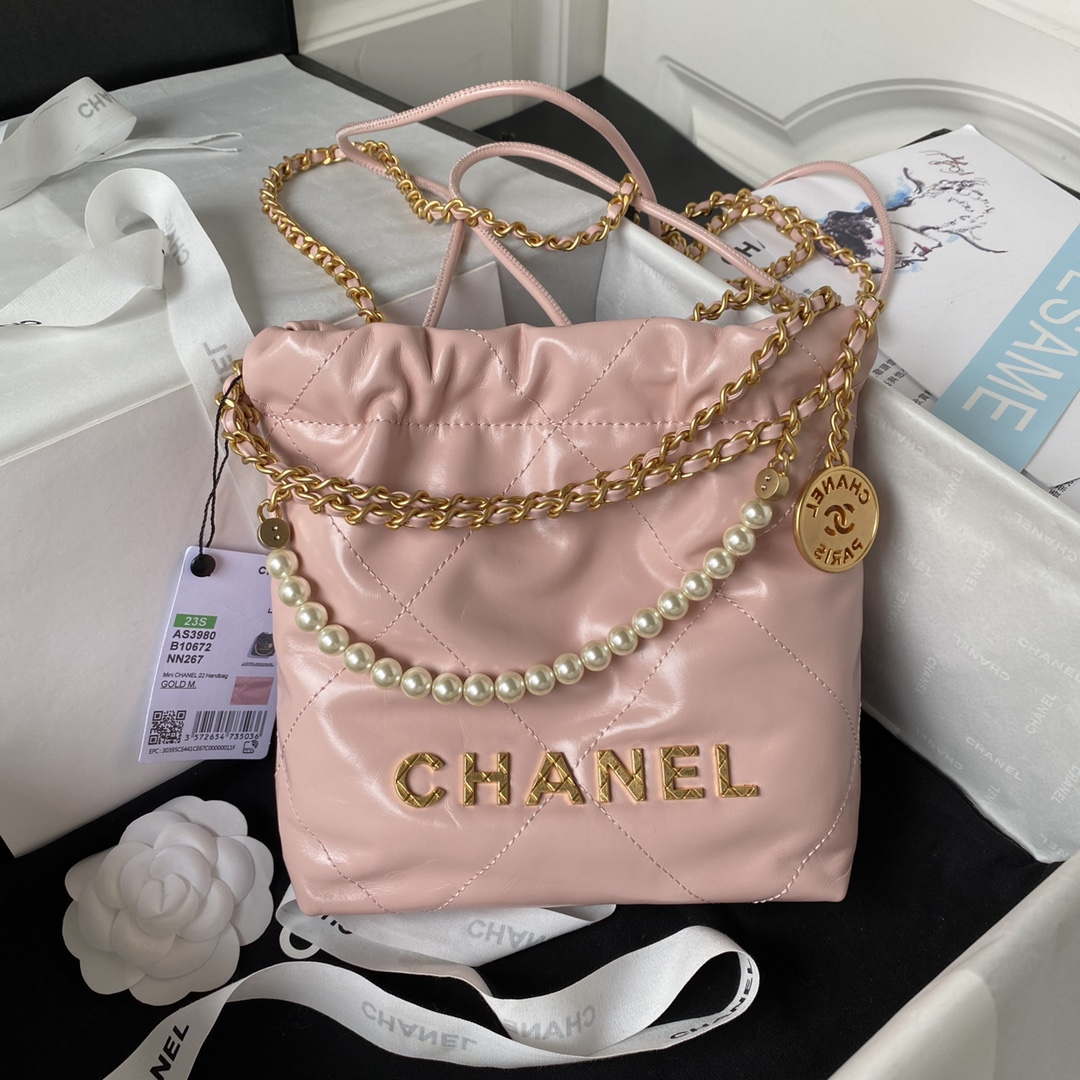 Chanel AS3980 22 Mini Handbag Shiny Calfskin & Gold-Tone Metal Pink - Default Title - View 1