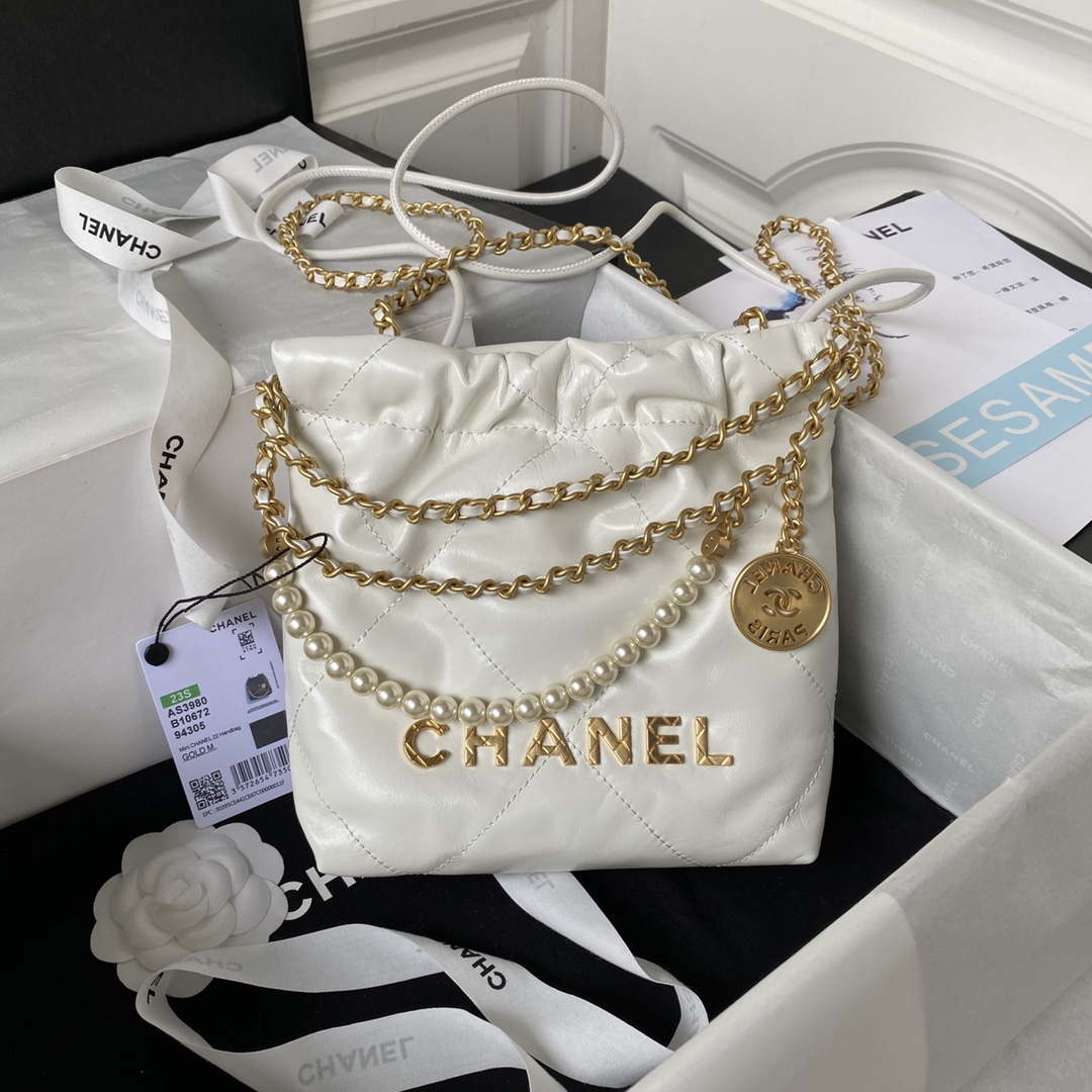 Chanel AS3980 22 Mini Handbag Shiny Calfskin & Gold-Tone Metal White - Default Title - View 1