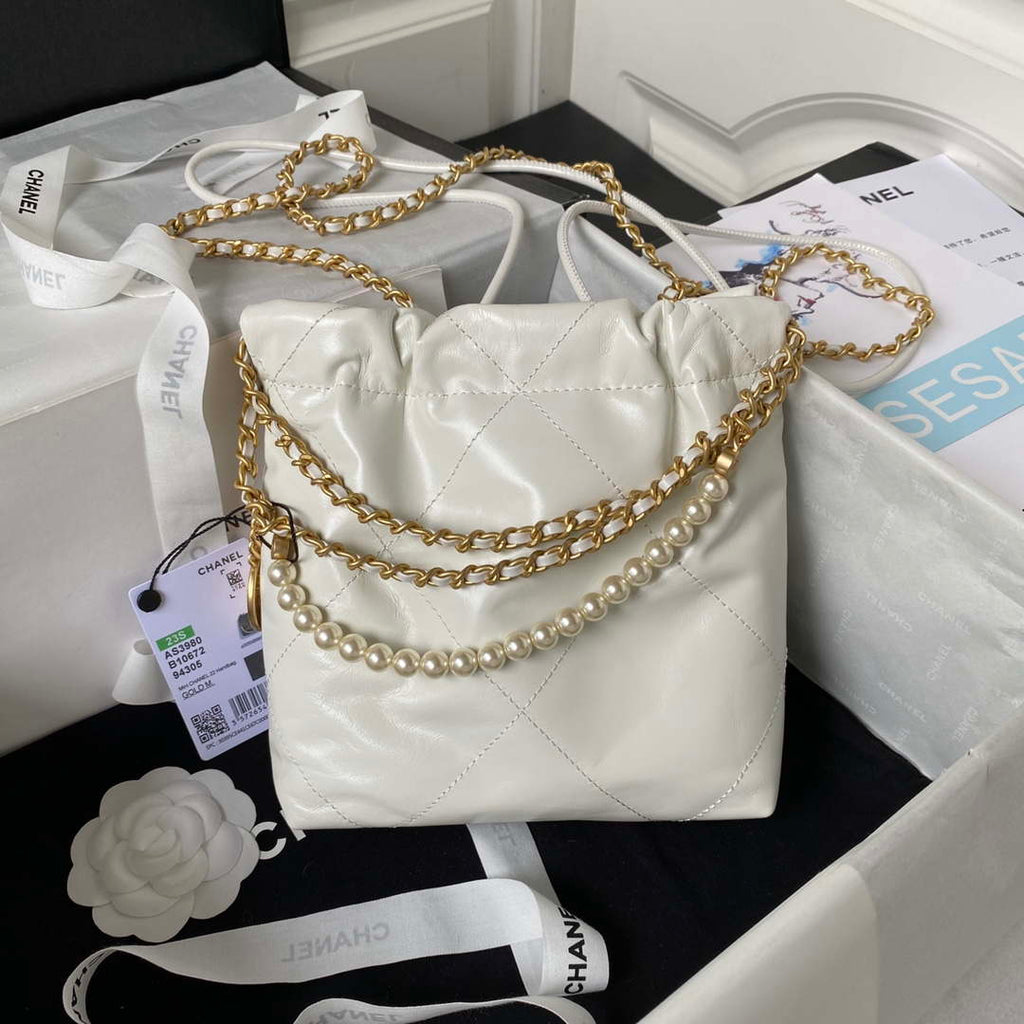Chanel AS3980 22 Mini Handbag Shiny Calfskin & Gold-Tone Metal White