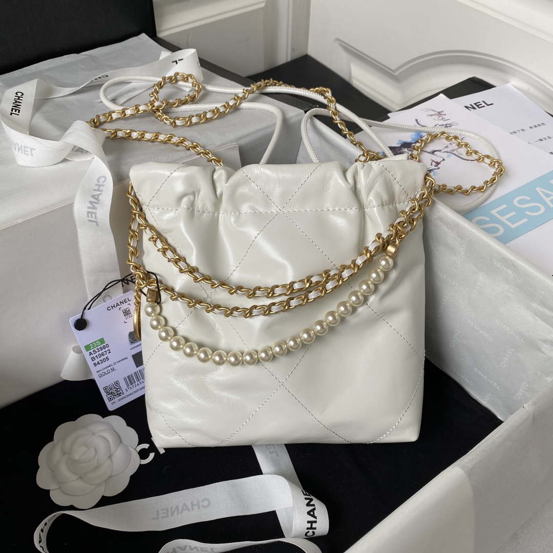 Chanel AS3980 22 Mini Handbag Shiny Calfskin & Gold-Tone Metal White - Default Title - View 2