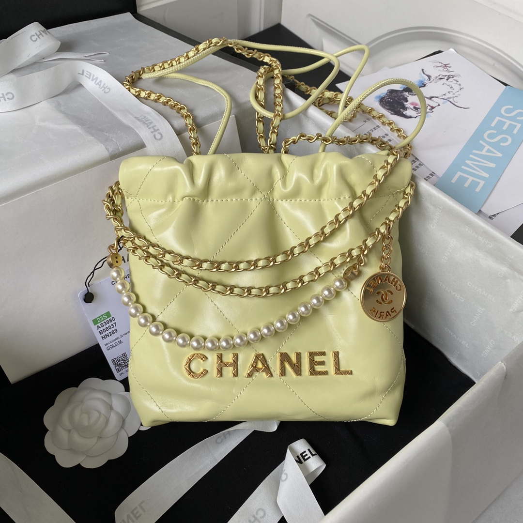 Chanel AS3980 22 Mini Handbag Shiny Calfskin & Gold-Tone Metal Yellow - Default Title - View 1