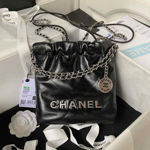 Chanel AS3980 22 Mini Handbag Shiny Calfskin & Silver-Tone Metal Black - Default Title - View 1