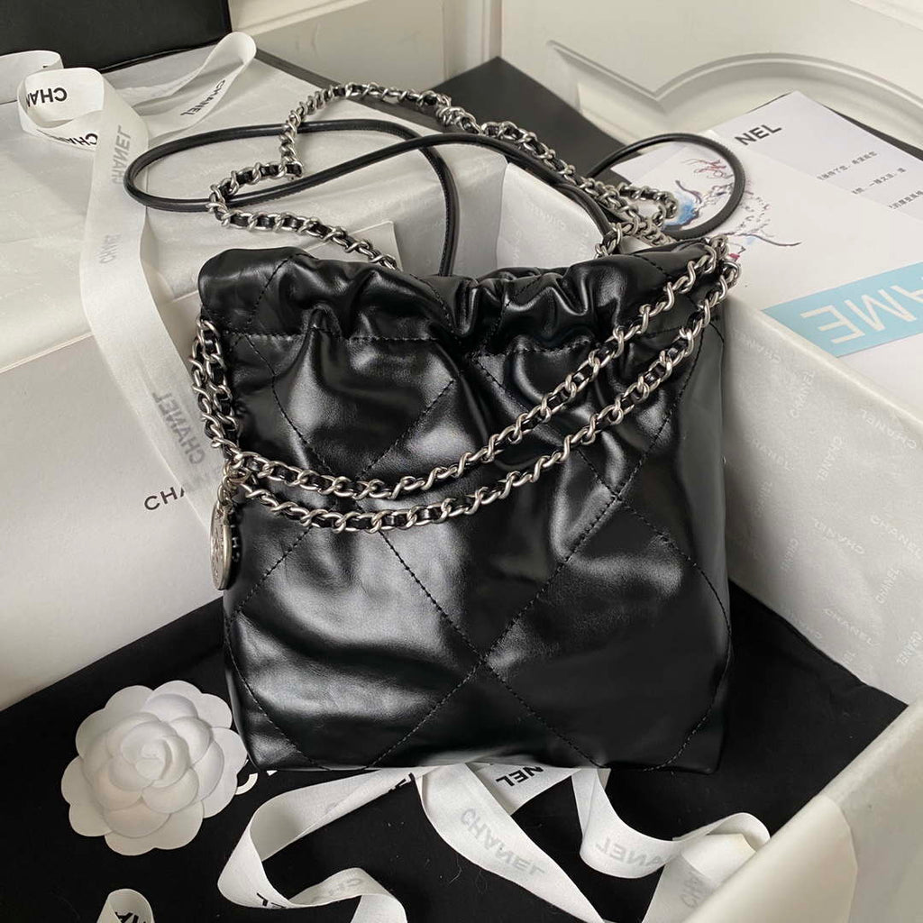 Chanel AS3980 22 Mini Handbag Shiny Calfskin & Silver-Tone Metal Black