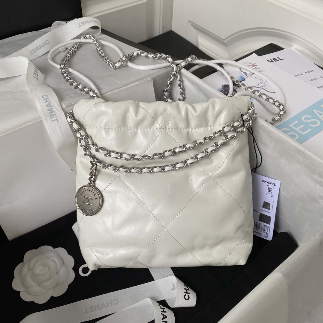 Chanel AS3980 22 Mini Handbag Shiny Calfskin & Silver-Tone Metal White - Default Title - View 2