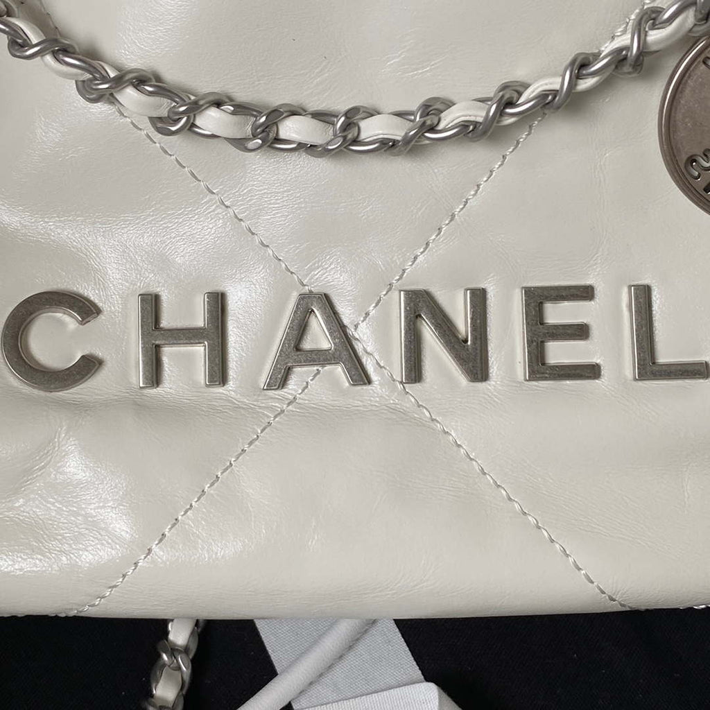 Chanel AS3980 22 Mini Handbag Shiny Calfskin & Silver-Tone Metal White