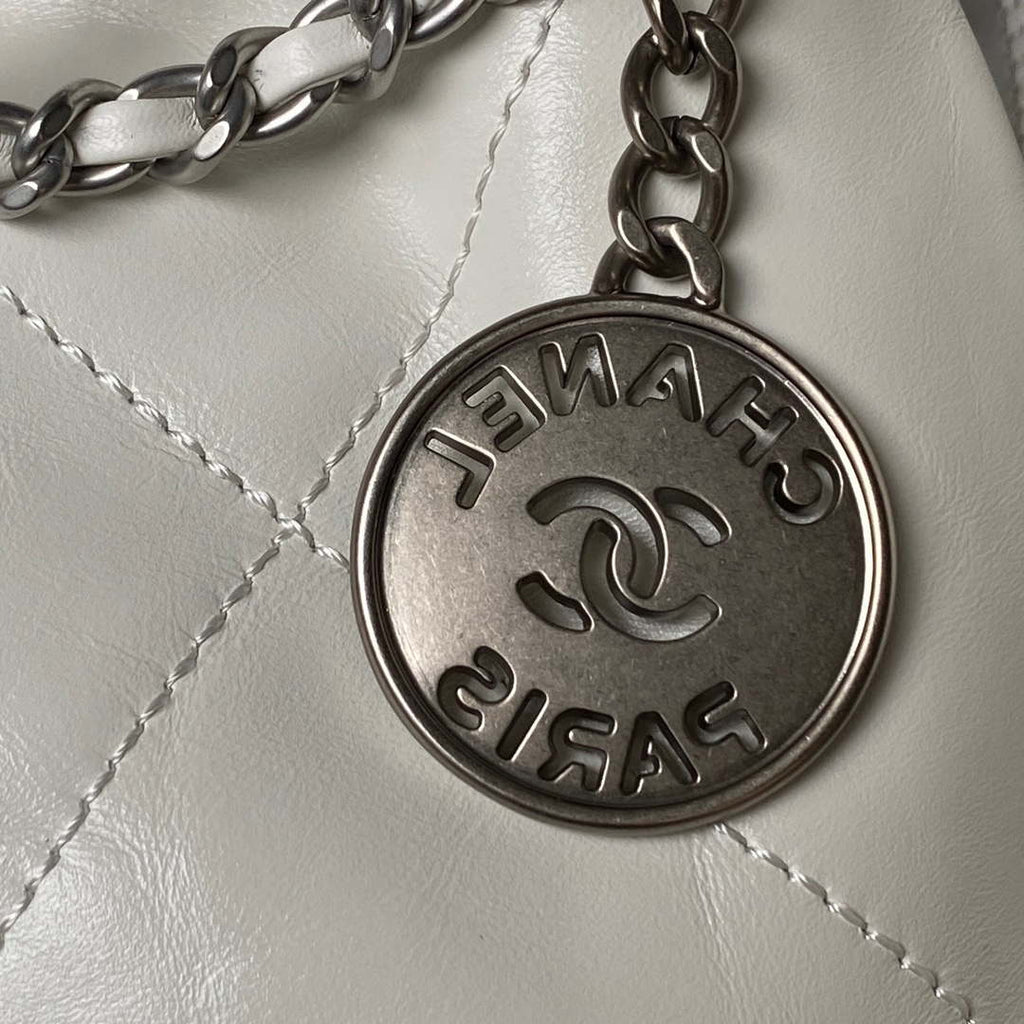 Chanel AS3980 22 Mini Handbag Shiny Calfskin & Silver-Tone Metal White