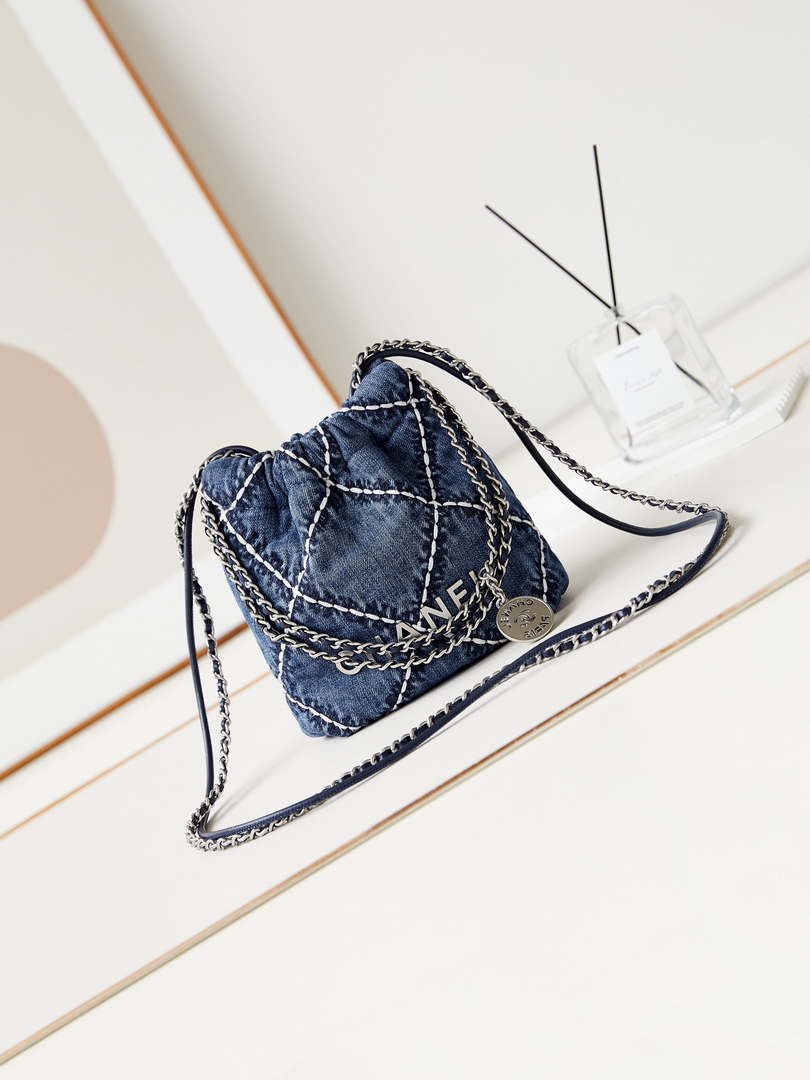 Chanel AS3980 22 Mini Handbag Silver-Tone Metal Canvas Blue Denim
