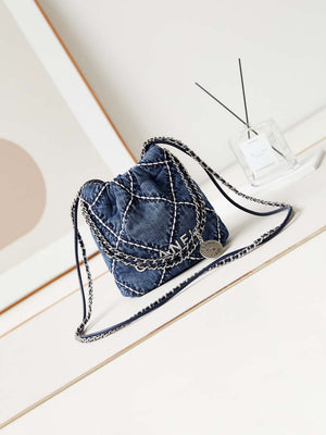 Chanel AS3980 22 Mini Handbag Silver-Tone Metal Canvas Blue Denim - Default Title - View 1