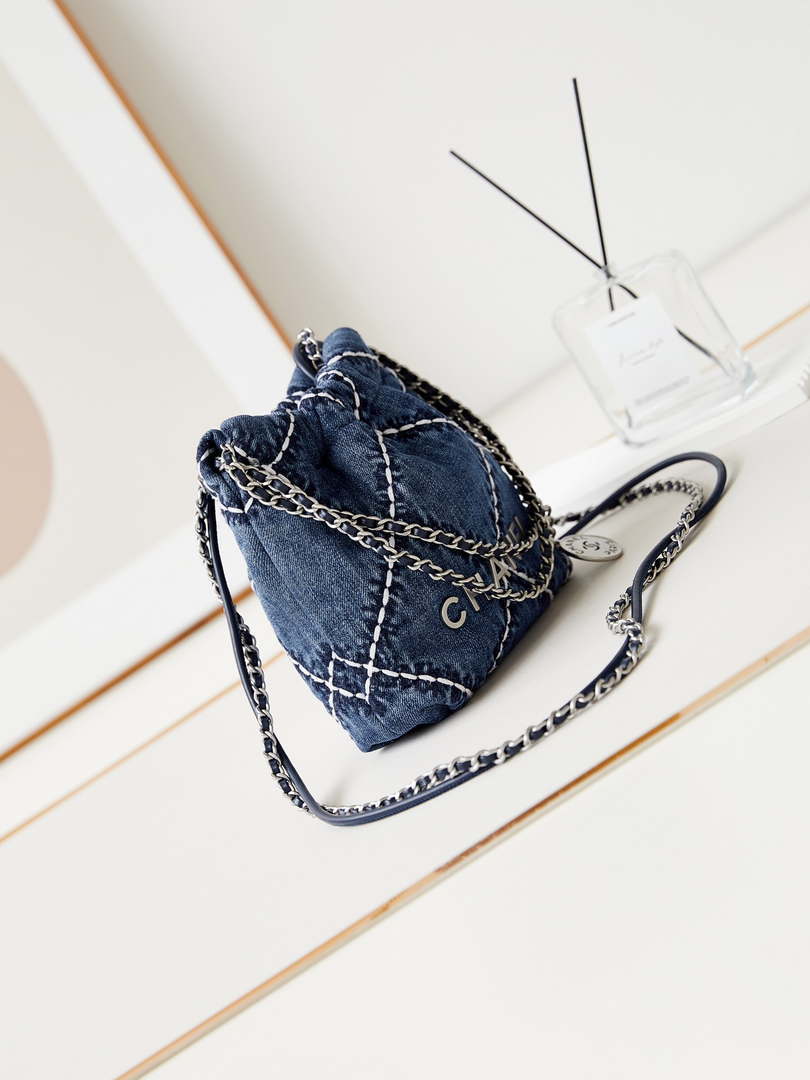 Chanel AS3980 22 Mini Handbag Silver-Tone Metal Canvas Blue Denim - Default Title - View 3