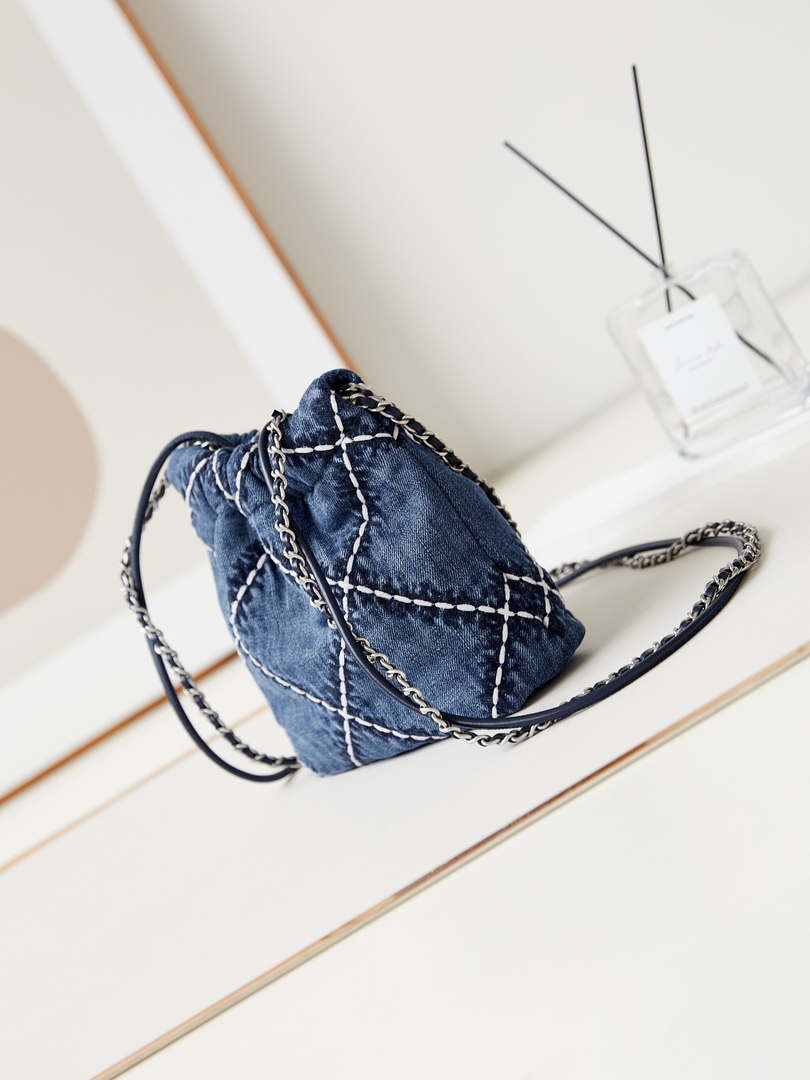 Chanel AS3980 22 Mini Handbag Silver-Tone Metal Canvas Blue Denim - Default Title - View 4
