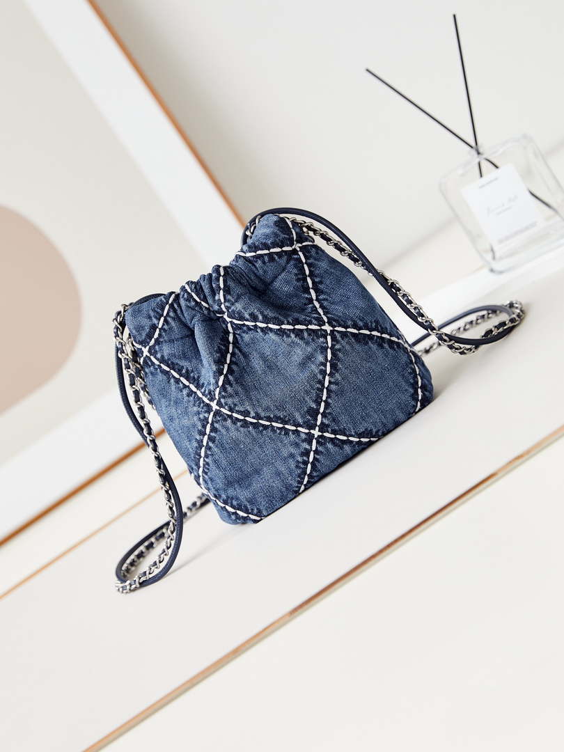 Chanel AS3980 22 Mini Handbag Silver-Tone Metal Canvas Blue Denim