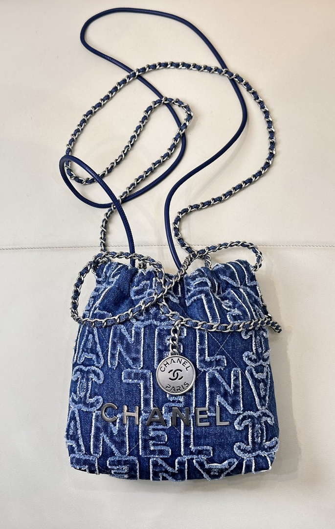 CHANEL AS3980 22 Mini Handbag Washed Denim Blue & Silver-Tone Metal
