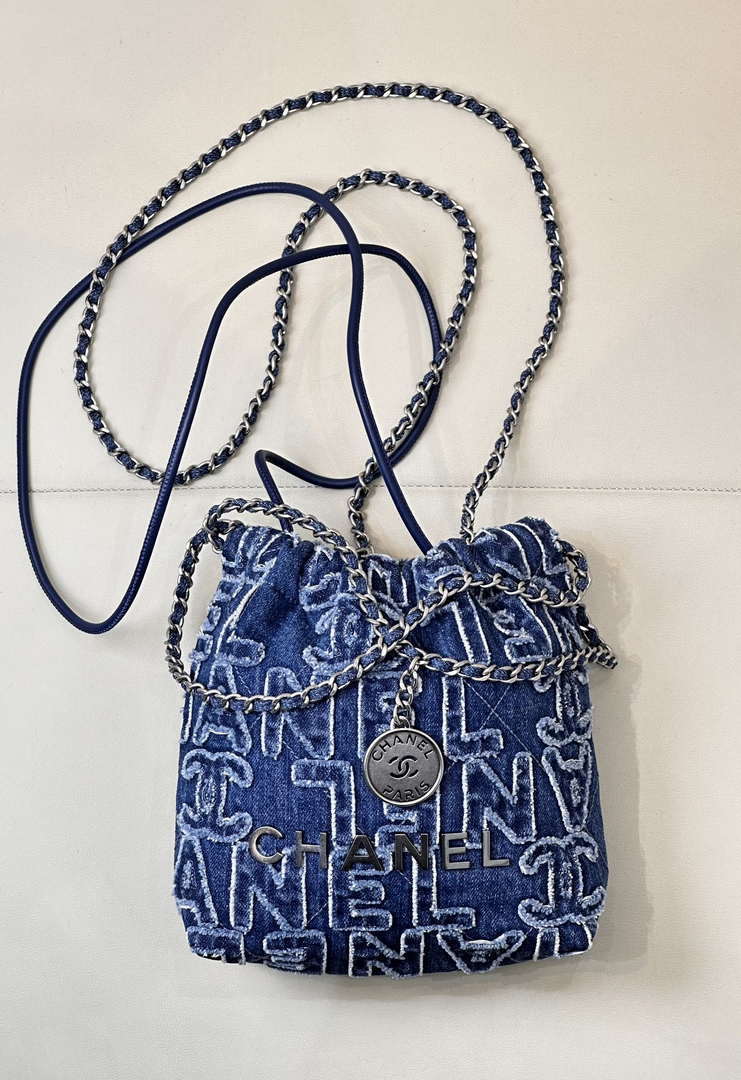 CHANEL AS3980 22 Mini Handbag Washed Denim Blue & Silver-Tone Metal