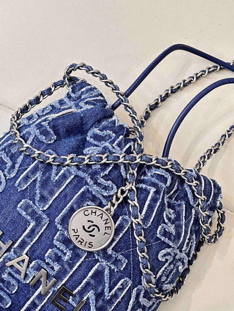 CHANEL AS3980 22 Mini Handbag Washed Denim Blue & Silver-Tone Metal