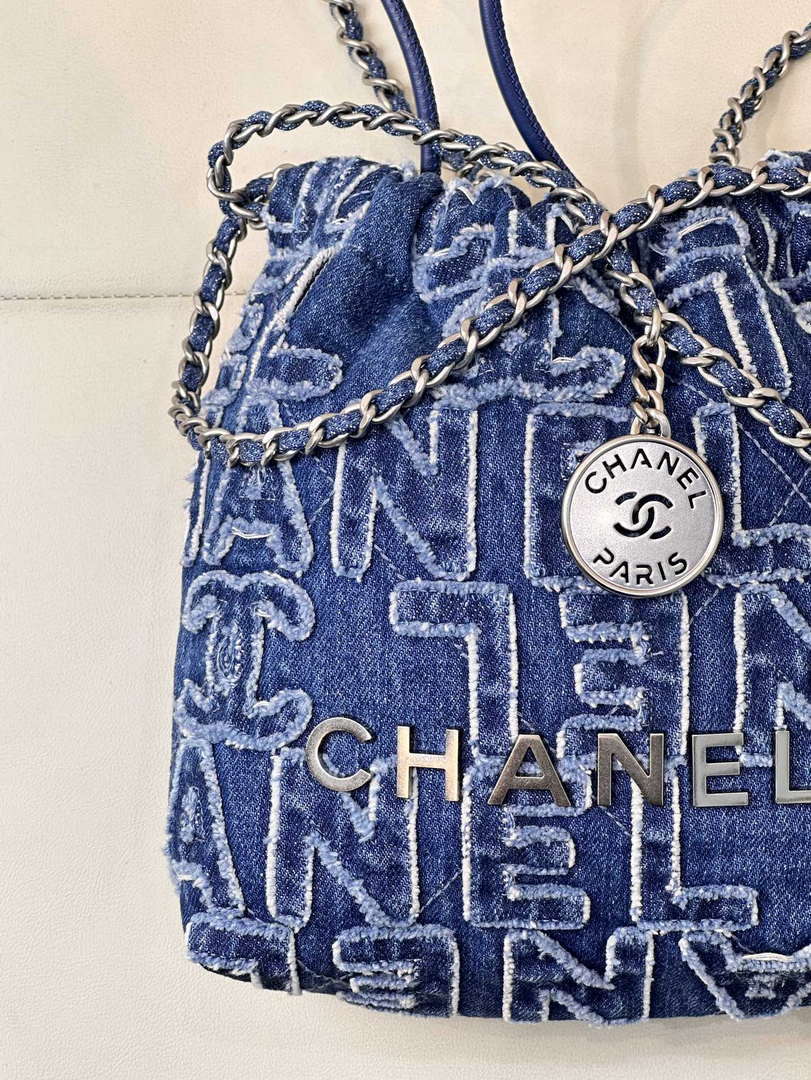 CHANEL AS3980 22 Mini Handbag Washed Denim Blue & Silver-Tone Metal