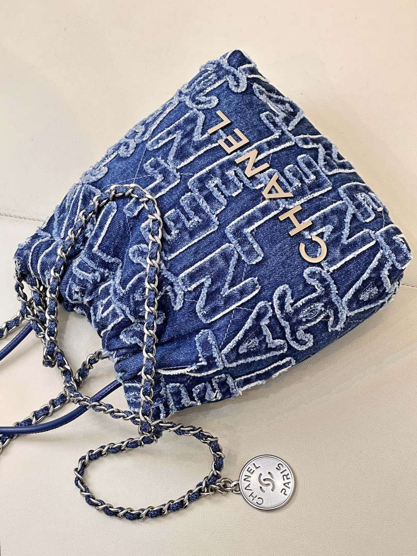 CHANEL AS3980 22 Mini Handbag Washed Denim Blue & Silver-Tone Metal