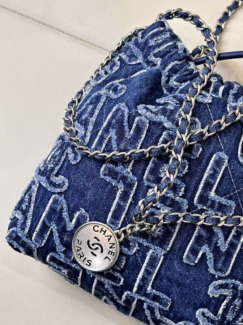 CHANEL AS3980 22 Mini Handbag Washed Denim Blue & Silver-Tone Metal