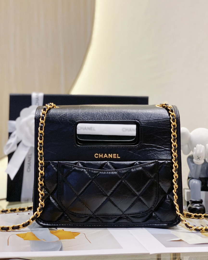 Chanel AS4025 Mini Flap bag with top handle calfskin gold tone metal Black