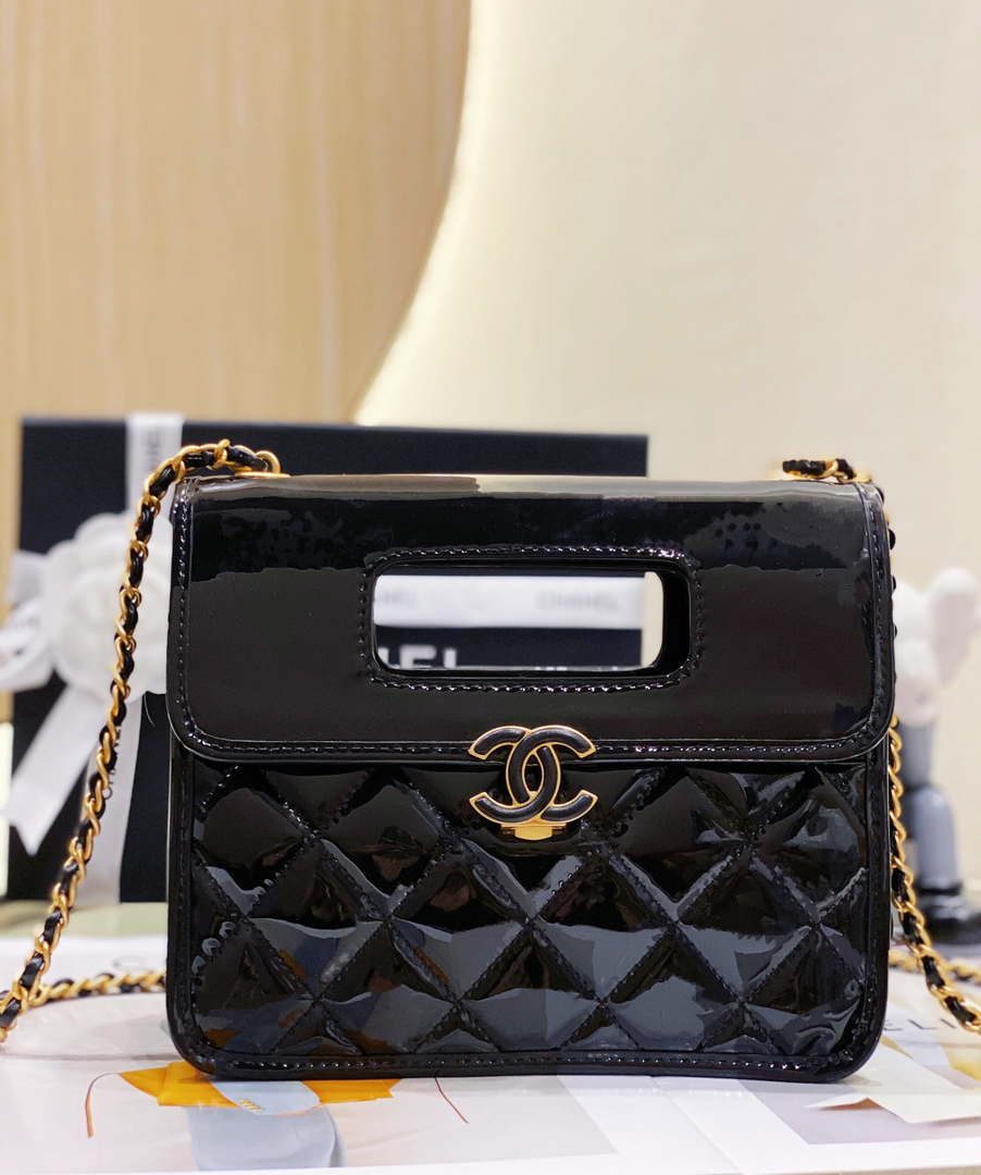 Chanel AS4025 Mini Flap bag with top handle patent calfskin gold tone metal Black - Default Title - View 1