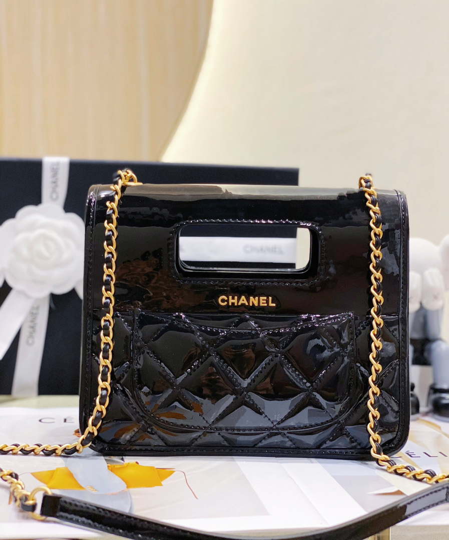 Chanel AS4025 Mini Flap bag with top handle patent calfskin gold tone metal Black - Default Title - View 2