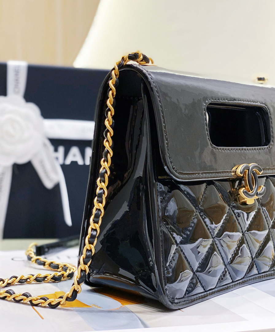 Chanel AS4025 Mini Flap bag with top handle patent calfskin gold tone metal Black