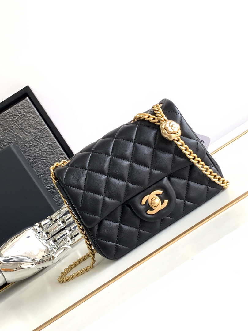 Chanel AS4040 Mini Flap Classic Bag 18 Woc Camellia Lambskin Black - Default Title - View 1