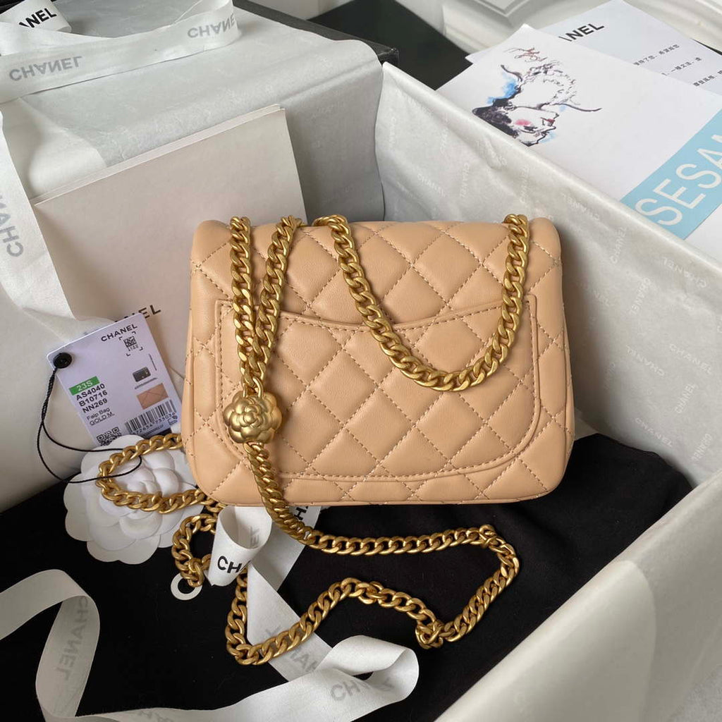 Chanel AS4040 Mini Flap Classic Bag 18 Woc Camellia Lambskin Apricot