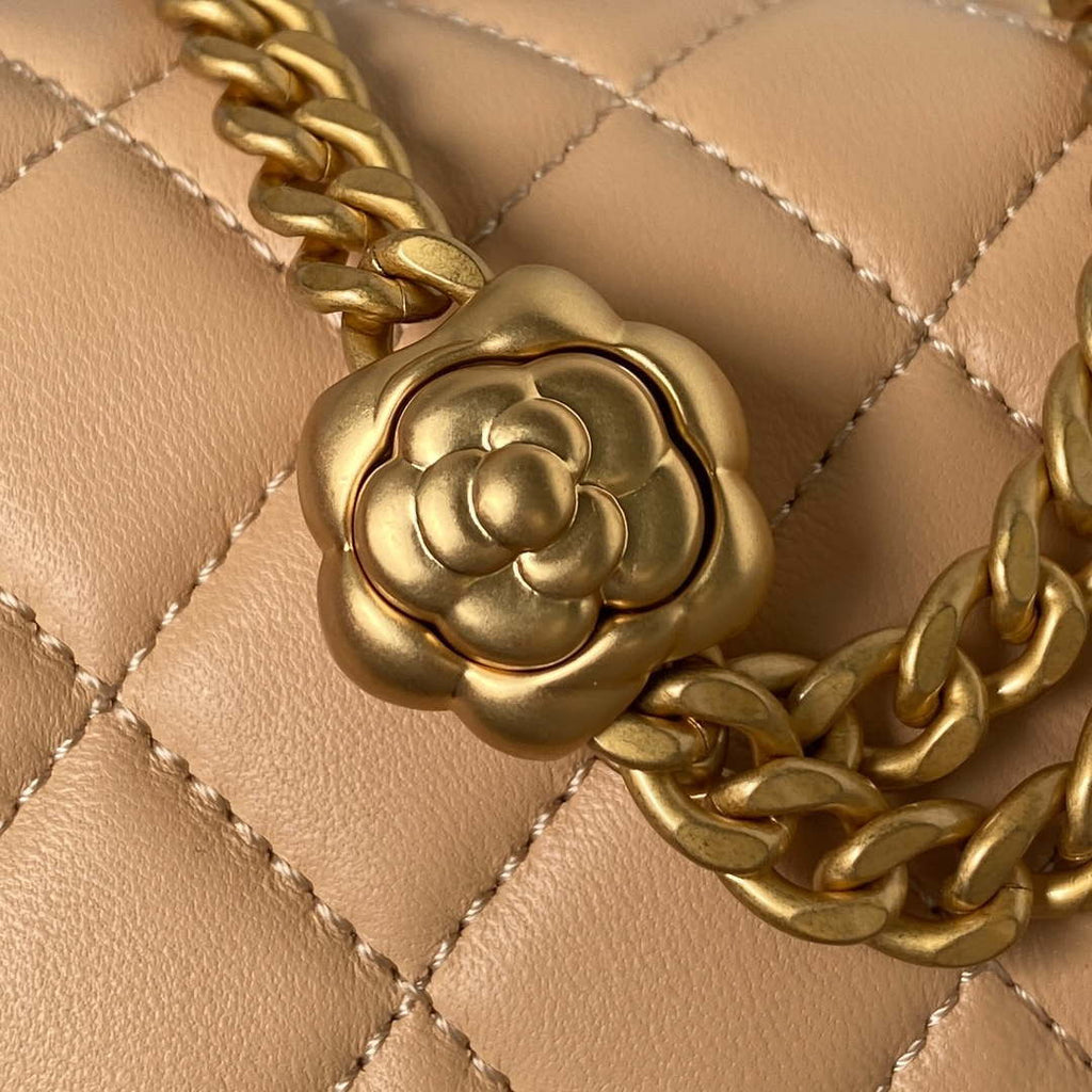 Chanel AS4040 Mini Flap Classic Bag 18 Woc Camellia Lambskin Apricot