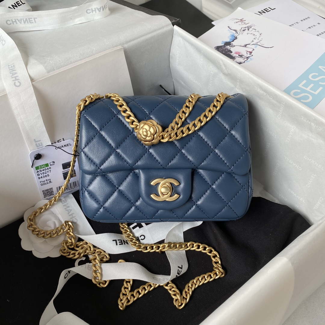 Chanel AS4040 Mini Flap Classic Bag 18 Woc Camellia Lambskin Dark Blue - Default Title - View 1