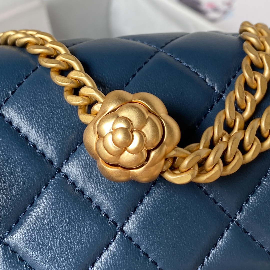 Chanel AS4040 Mini Flap Classic Bag 18 Woc Camellia Lambskin Dark Blue