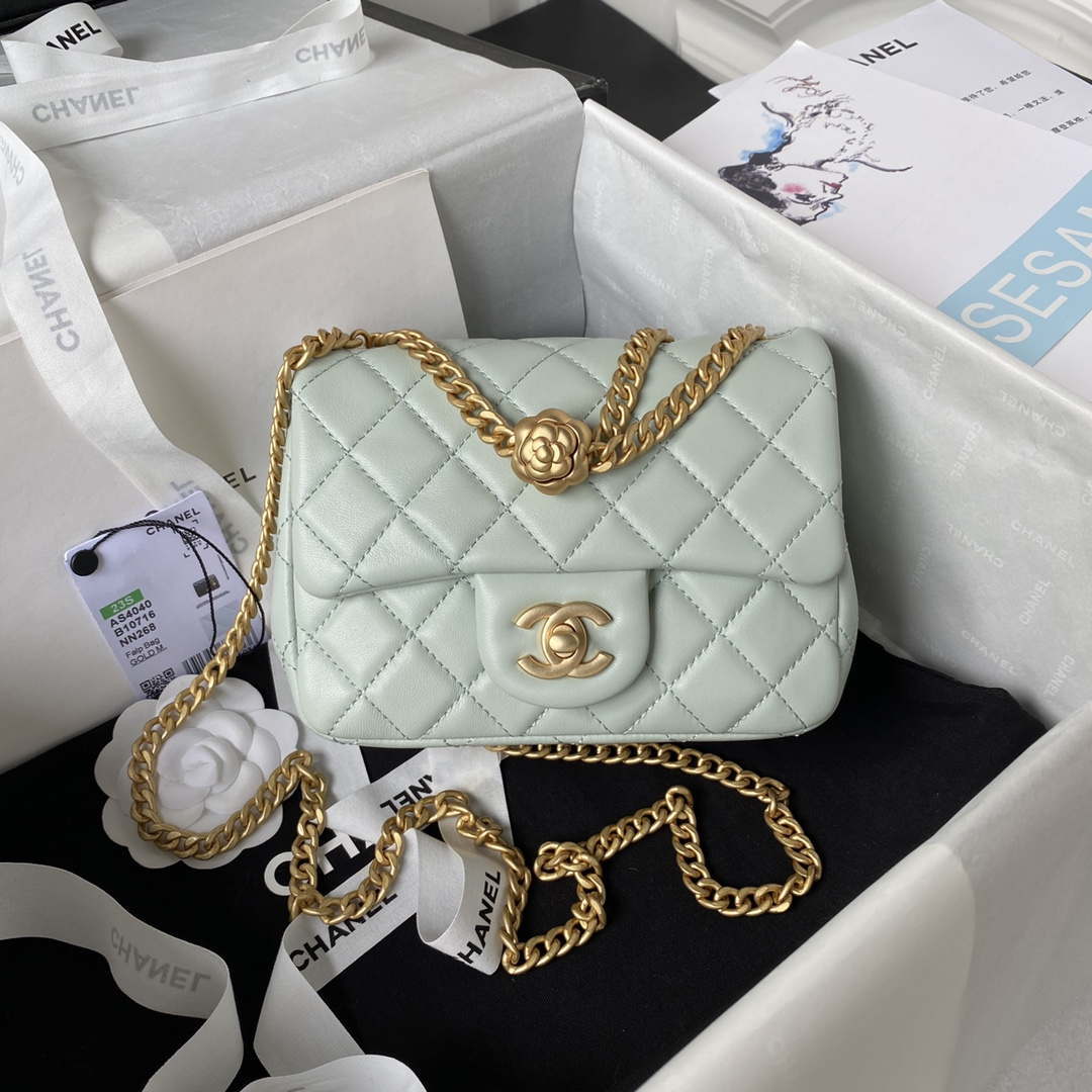 Chanel AS4040 Mini Flap Classic Bag 18 Woc Camellia Lambskin Green Gray - Default Title - View 1