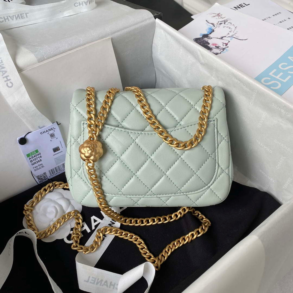 Chanel AS4040 Mini Flap Classic Bag 18 Woc Camellia Lambskin Green Gray