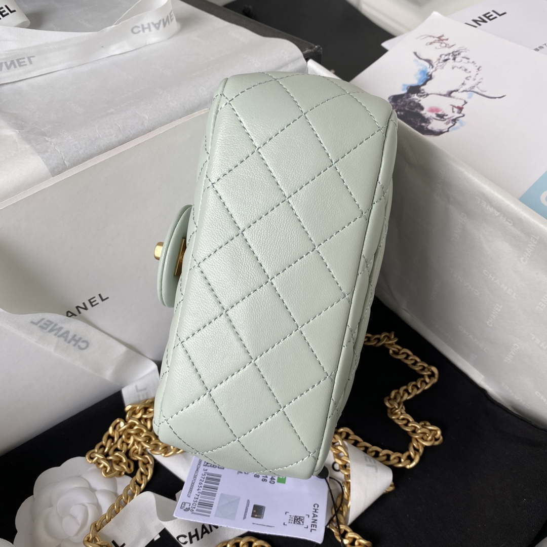 Chanel AS4040 Mini Flap Classic Bag 18 Woc Camellia Lambskin Green Gray