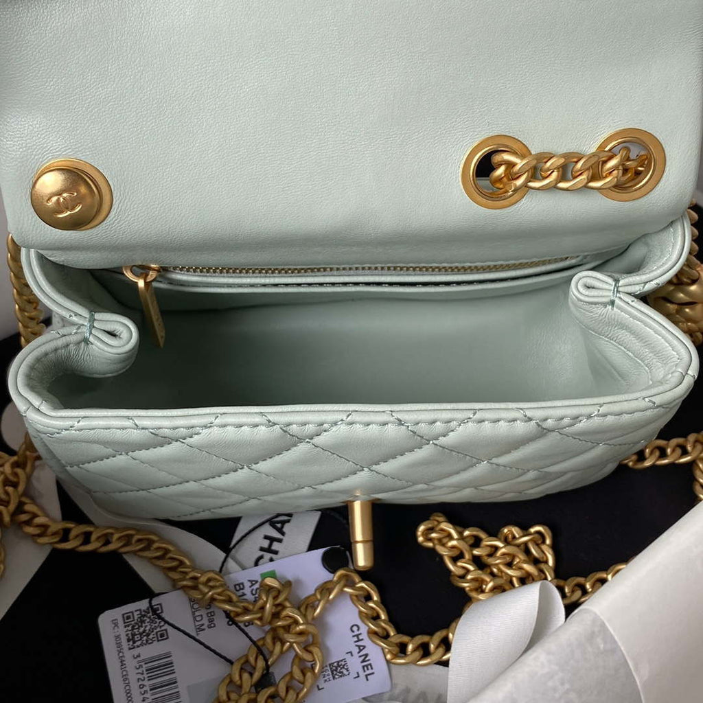 Chanel AS4040 Mini Flap Classic Bag 18 Woc Camellia Lambskin Green Gray