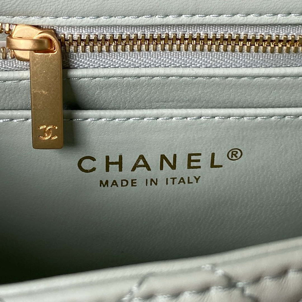 Chanel AS4040 Mini Flap Classic Bag 18 Woc Camellia Lambskin Green Gray