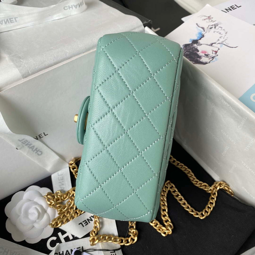 Chanel AS4040 Mini Flap Classic Bag 18 Woc Camellia Lambskin Lake Blue