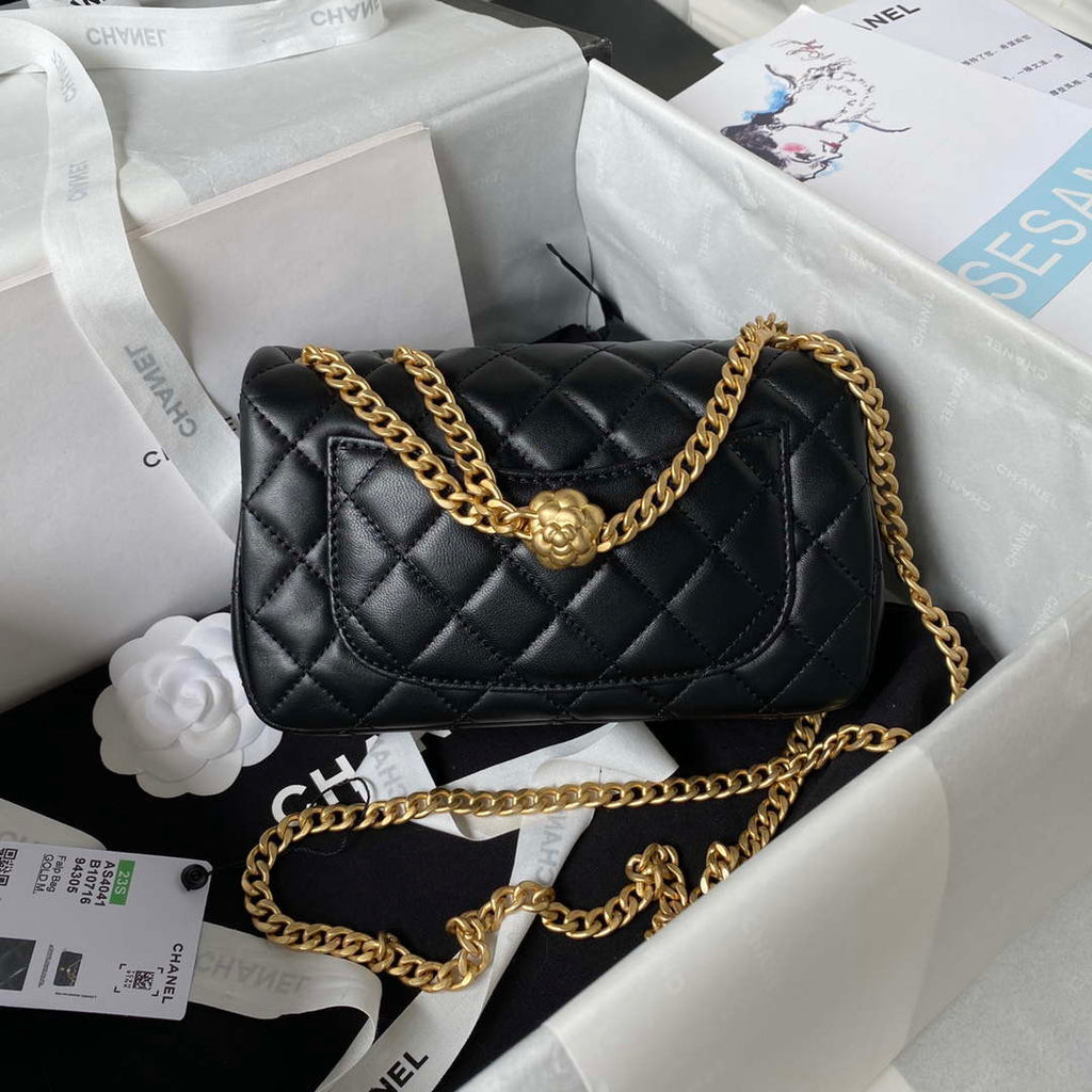 Chanel AS4041 Flap Classic Bag CF Camellia Lambskin Black Gold