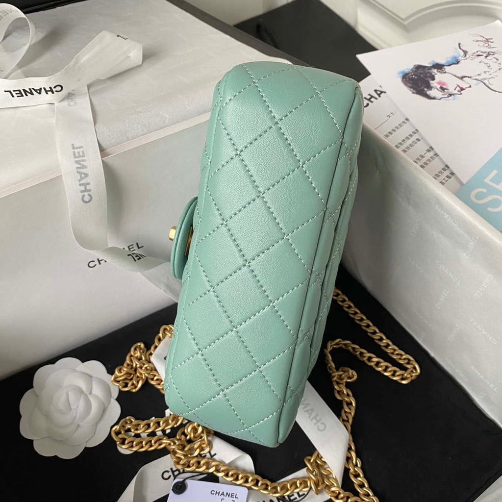 Chanel AS4041 Flap Classic Bag CF Camellia Lambskin Lake Blue Gold
