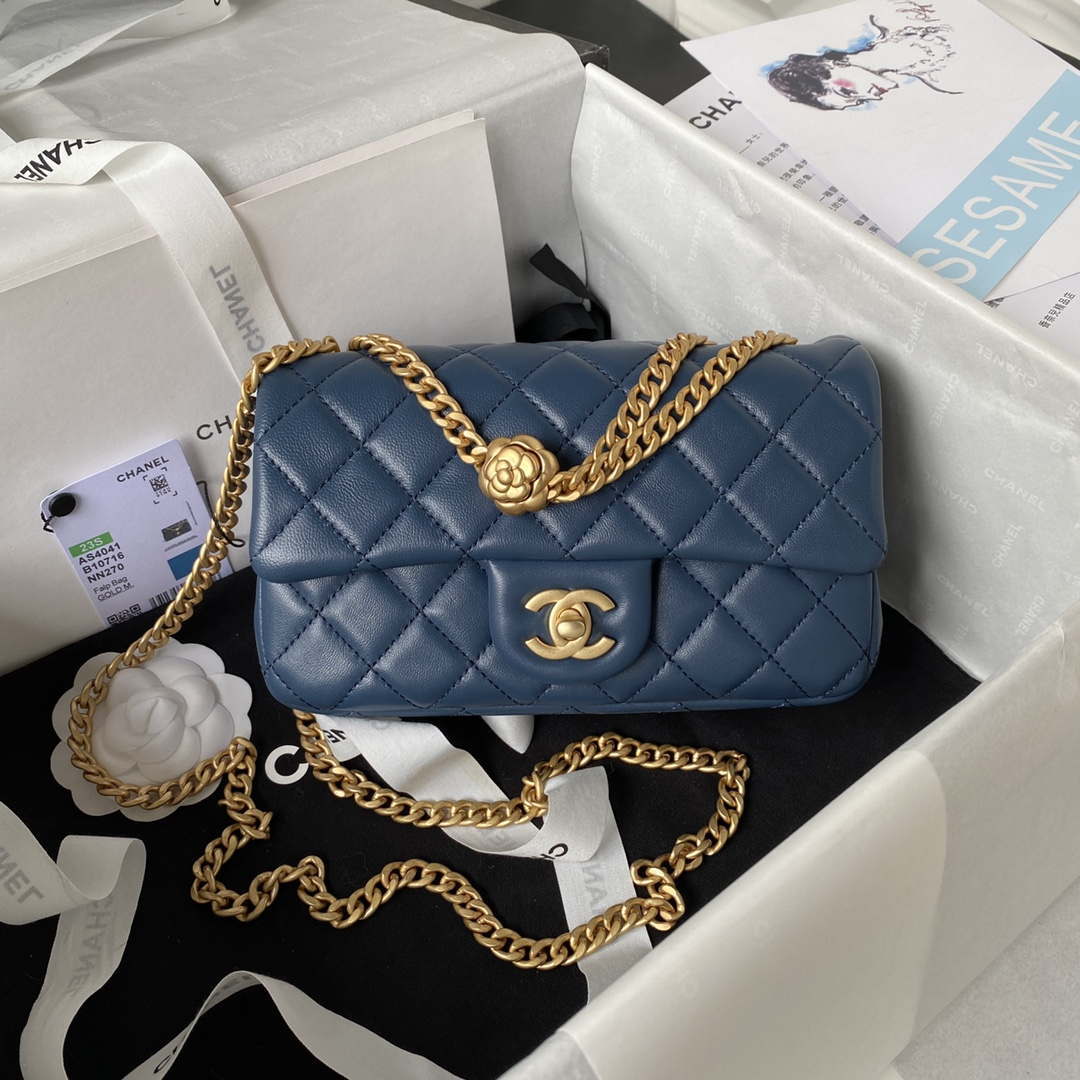 Chanel AS4041 Flap Classic Bag CF Camellia Lambskin Navy Blue Gold - Default Title - View 1