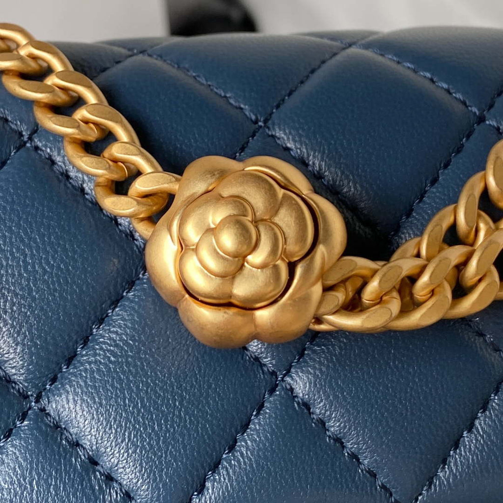 Chanel AS4041 Flap Classic Bag CF Camellia Lambskin Navy Blue Gold
