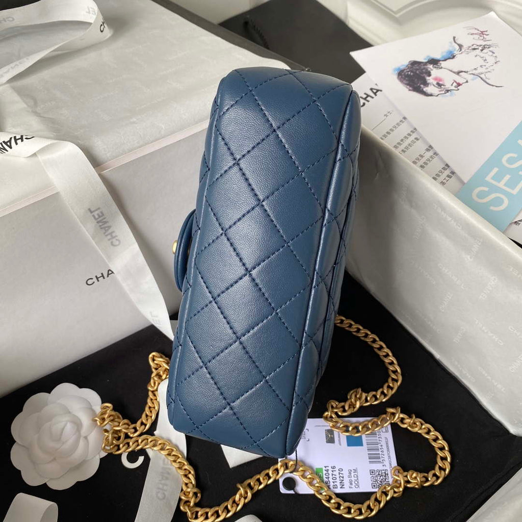 Chanel AS4041 Flap Classic Bag CF Camellia Lambskin Navy Blue Gold