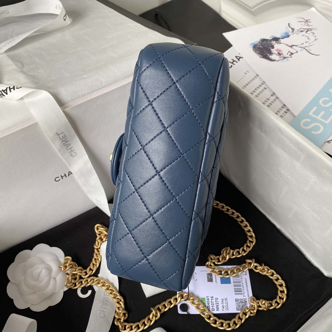 Chanel AS4041 Flap Classic Bag CF Camellia Lambskin Navy Blue Gold