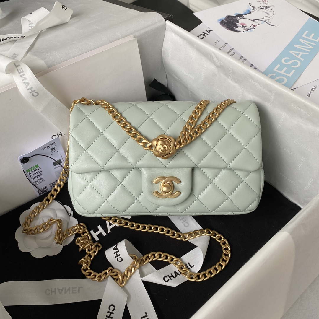 Chanel AS4041 Flap Classic Bag CF Camellia Lambskin Green Gray Gold - Default Title - View 1