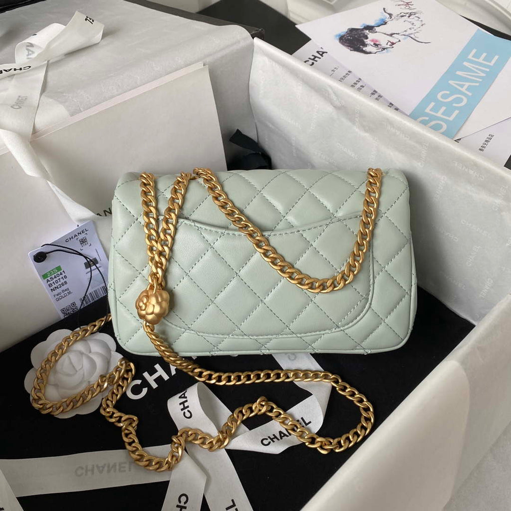 Chanel AS4041 Flap Classic Bag CF Camellia Lambskin Green Gray Gold