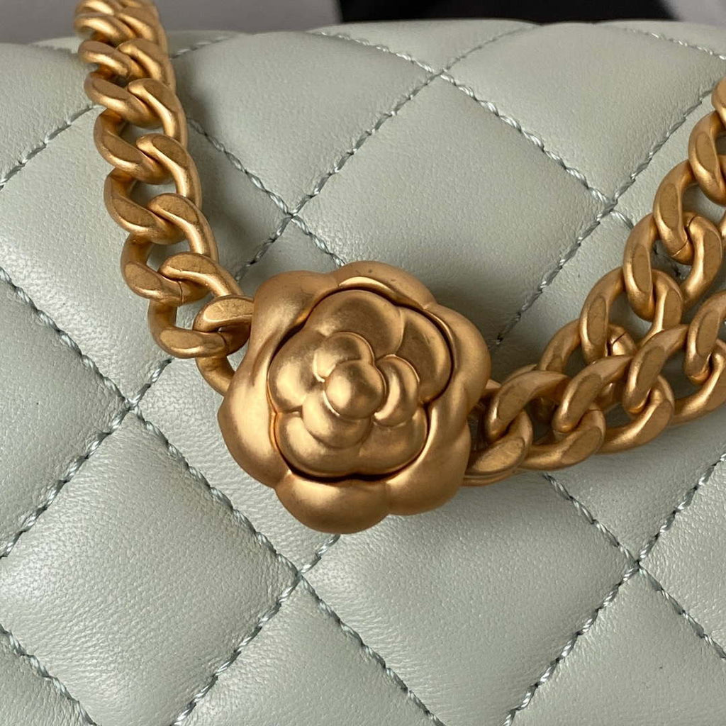 Chanel AS4041 Flap Classic Bag CF Camellia Lambskin Green Gray Gold