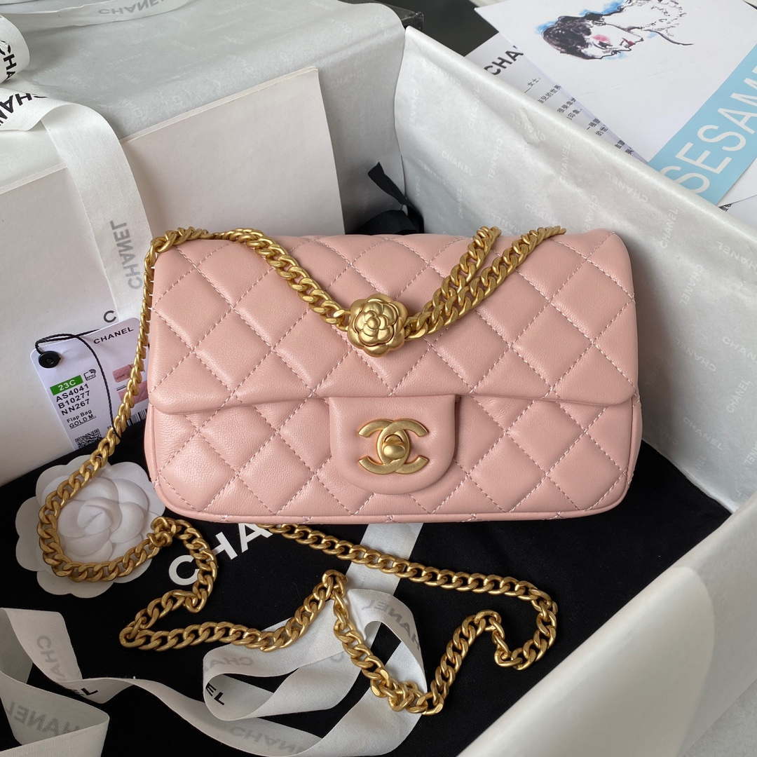 Chanel AS4041 Flap Classic Bag CF Camellia Lambskin Pink Gold - Default Title - View 1