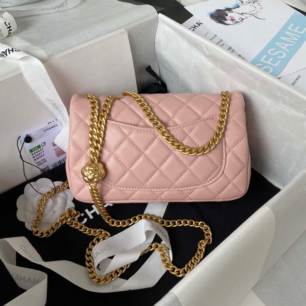 Chanel AS4041 Flap Classic Bag CF Camellia Lambskin Pink Gold